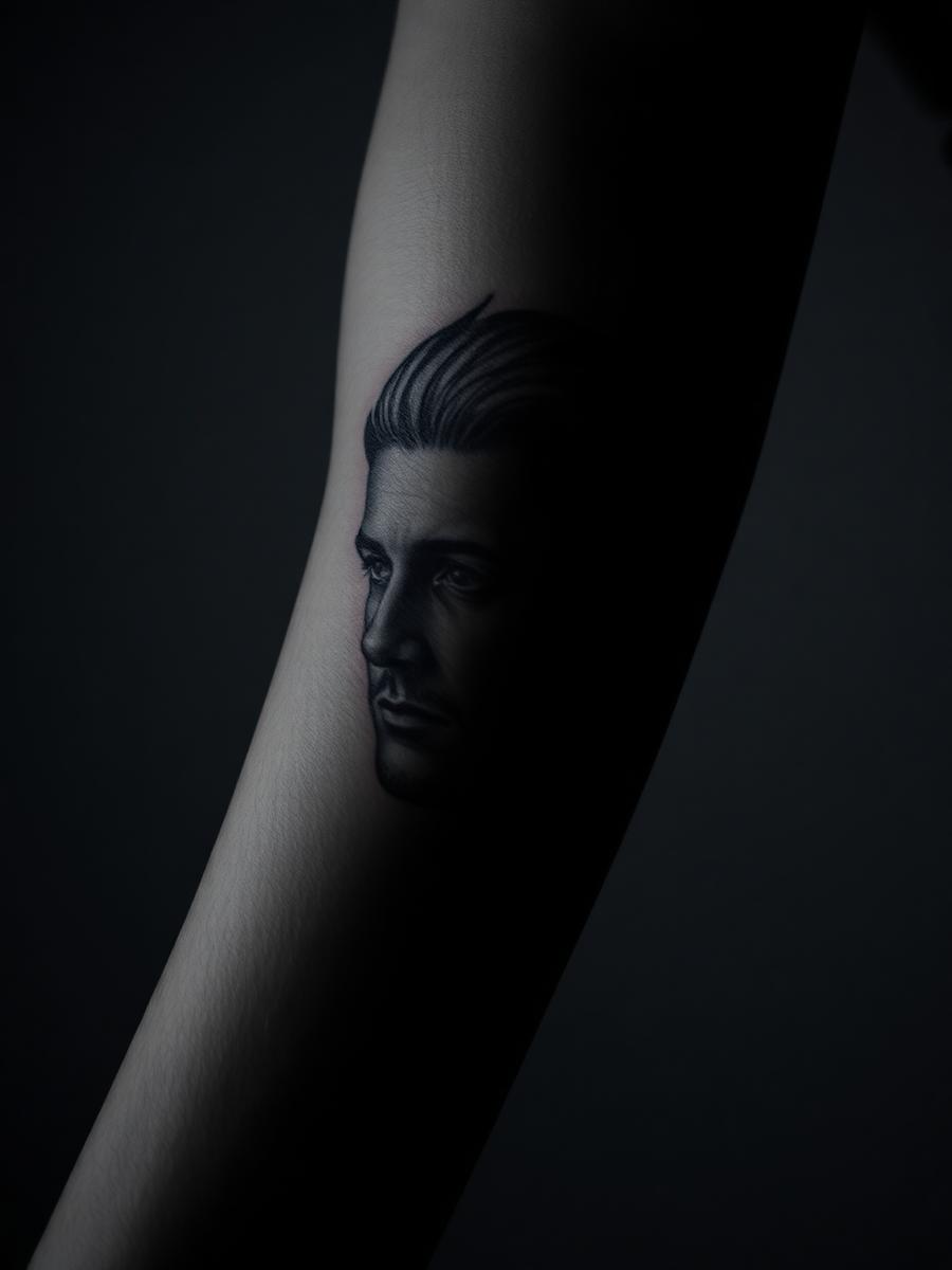 Black and grey portrait tattoo on a forearm