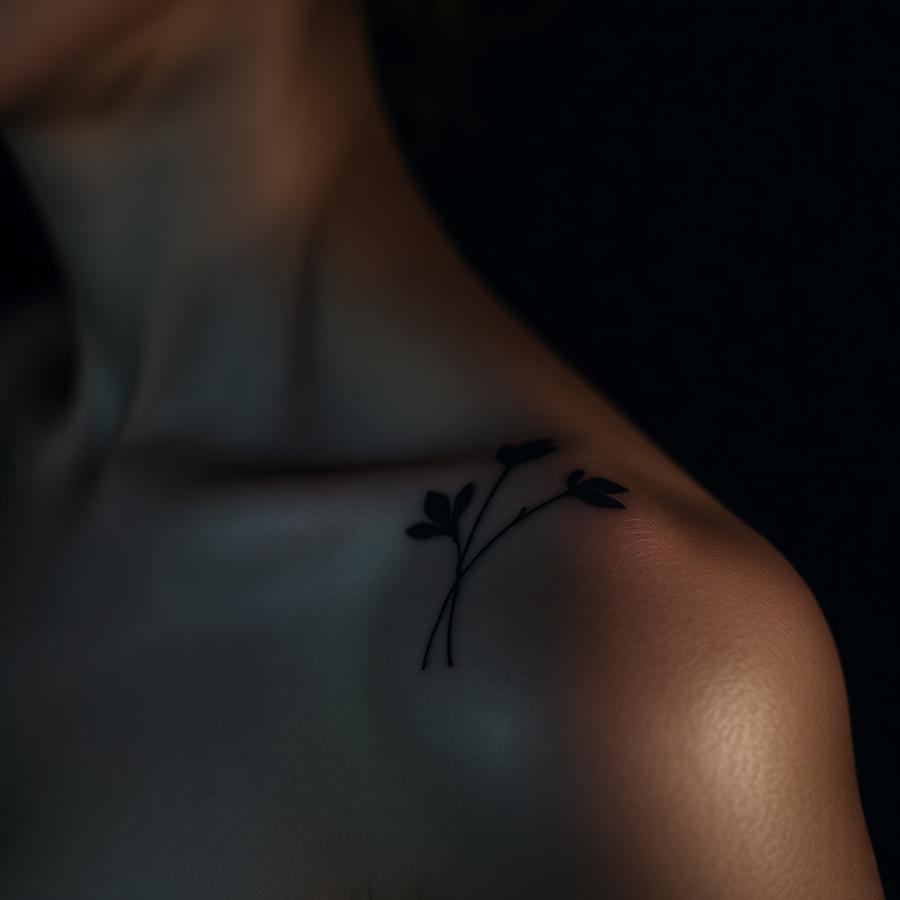 Fine line botanical tattoo on a shoulder
