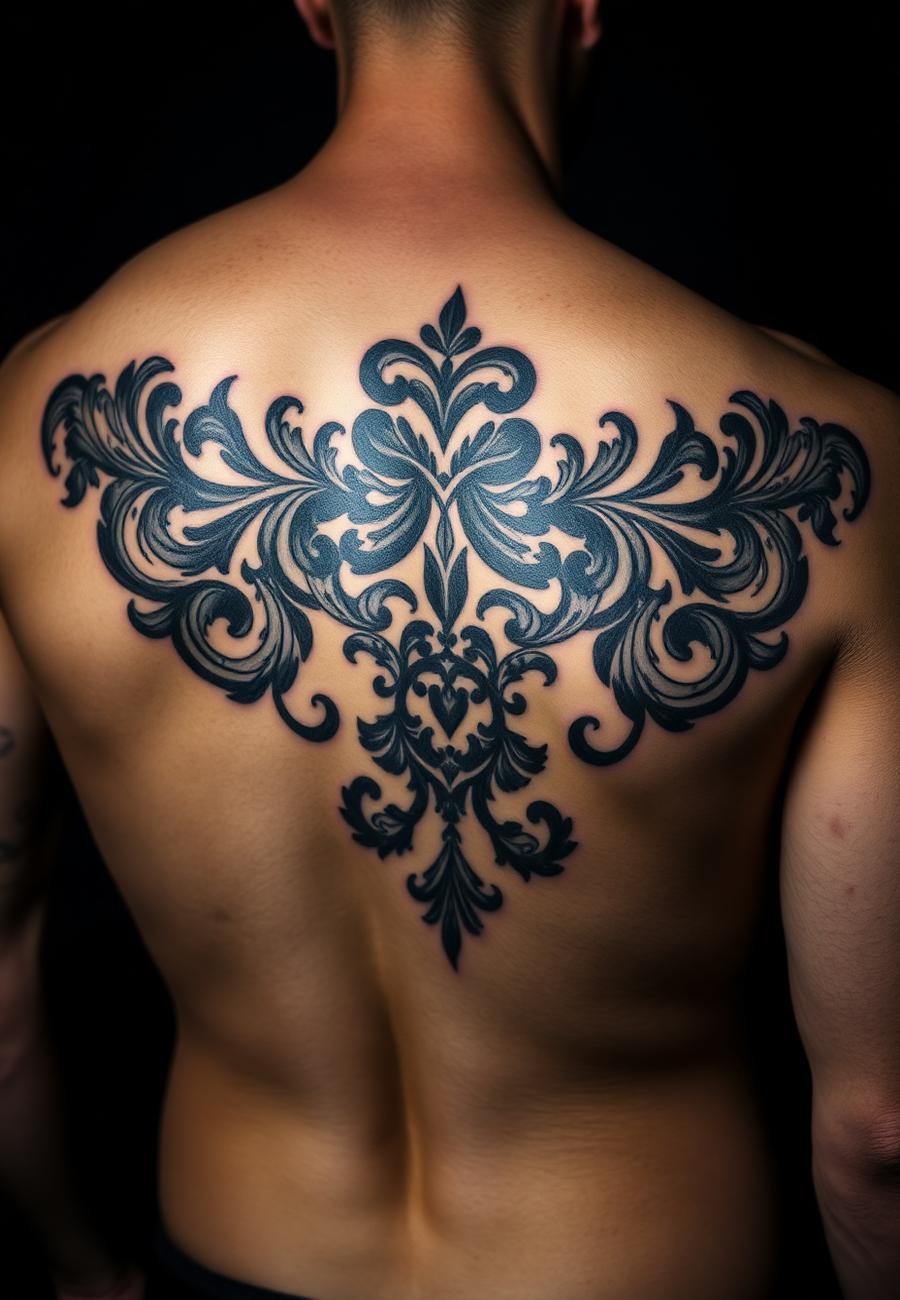 Large ornamental black and grey back cover-up tattoo